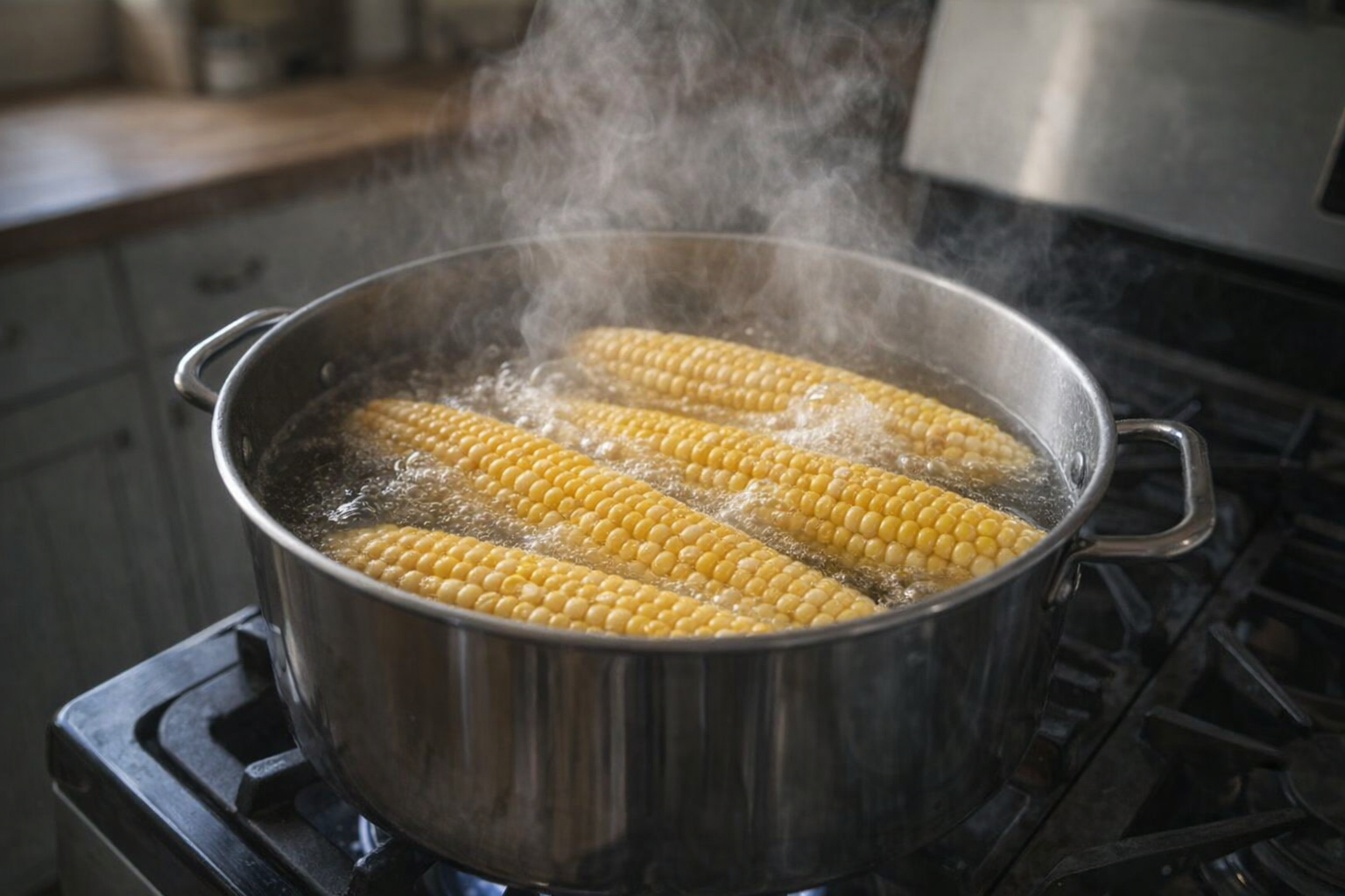 Medium shot of corn on the cob boiling in a large pot of water on a gas stovetop, steam rising, stainless steel pot